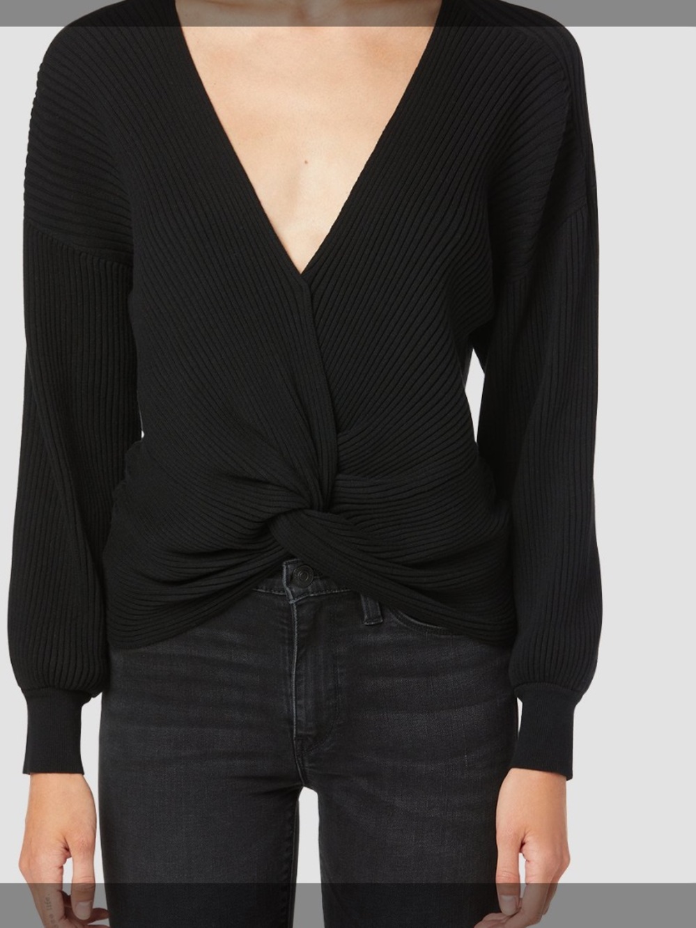 Hudson Jeans Black Twist-Front V-Neck Ribbed Sweater